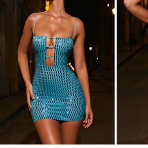 Alanni Embellished Cut-Out Mini Dress in Aqua Blue